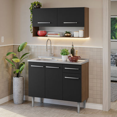 Cocina Compacta 105 cm 5 Puertas 1 Cajón con Bacha de Acero Inoxidable Marrón/Negro Emilly Madesa