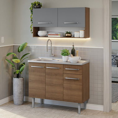 Cocina Compacta 105 cm 5 Puertas 1 Cajón con Bacha de Acero Inoxidable Marrón/Gris Emilly Madesa