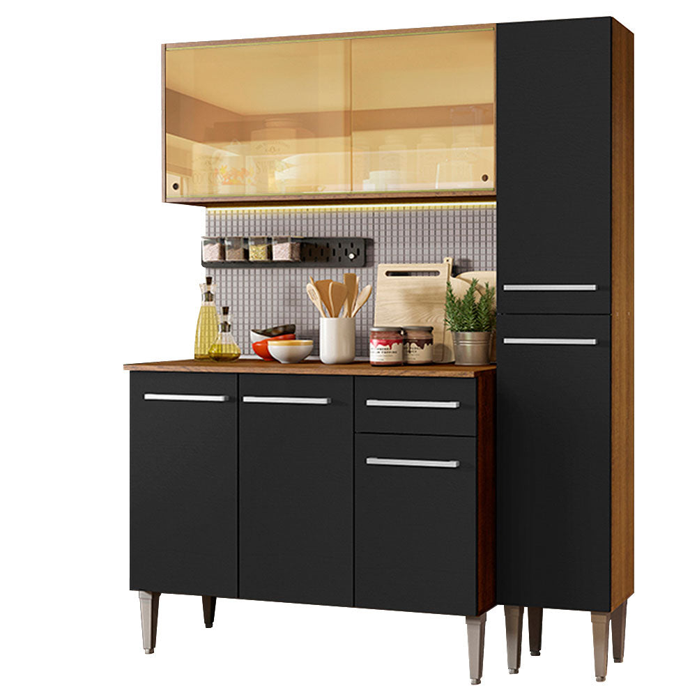 Cocina Compacta 137 cm 7 Puertas 1 Cajón Marrón/Negro Emilly Madesa