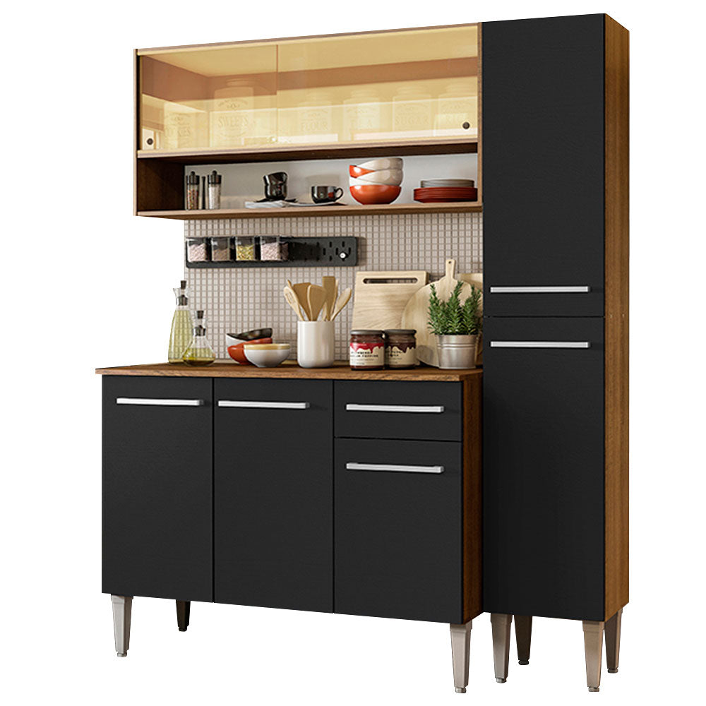 Cocina Compacta 137 cm 7 Puertas 1 Cajón Marrón/Negro Emilly Madesa