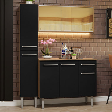 Cocina Compacta 137 cm 7 Puertas 1 Cajón Marrón/Negro Emilly Madesa