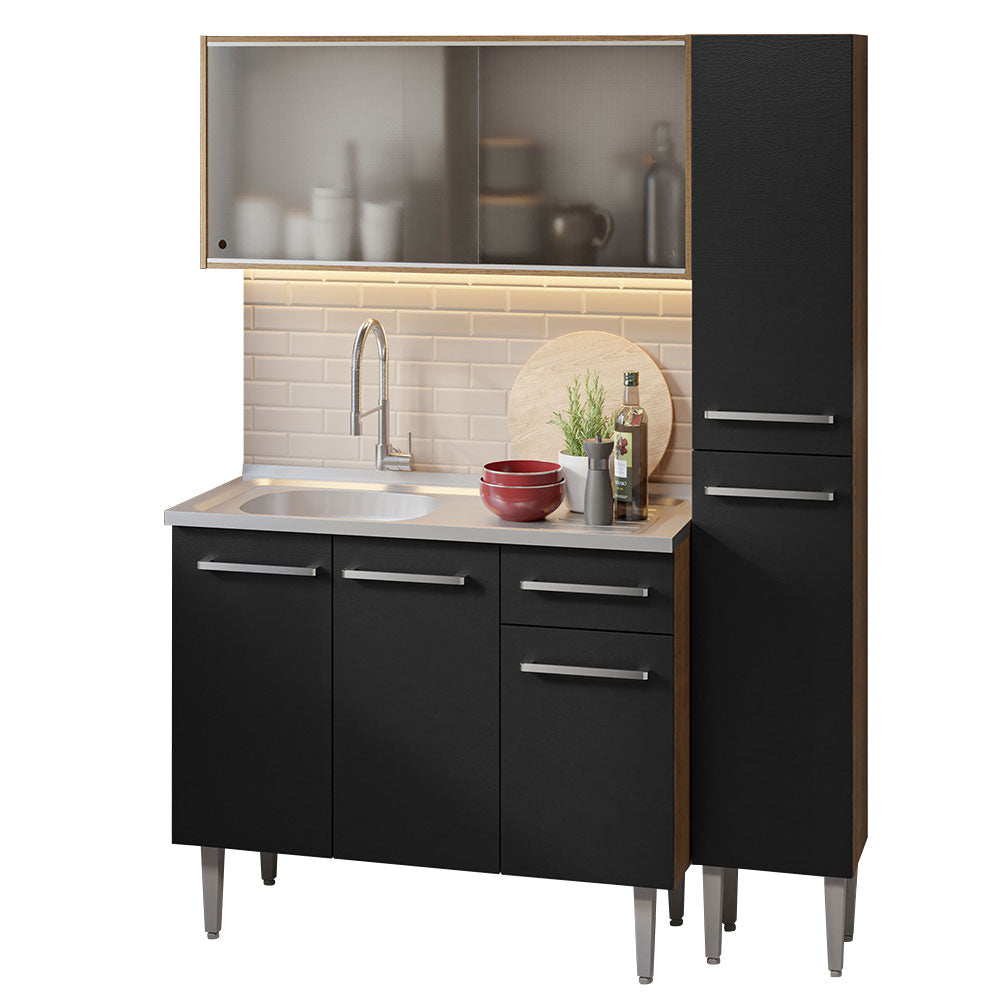 Cocina Compacta 137 cm 7 Puertas 1 Cajón con Bacha de Acero Inoxidable Marrón/Negro Emilly Madesa
