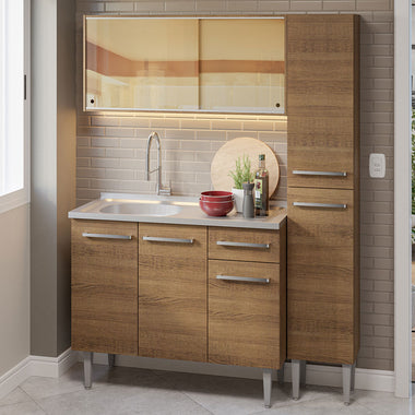 Cocina Compacta 137 cm 7 Puertas 1 Cajón con Bacha de Acero Inoxidable Marrón Emilly Madesa