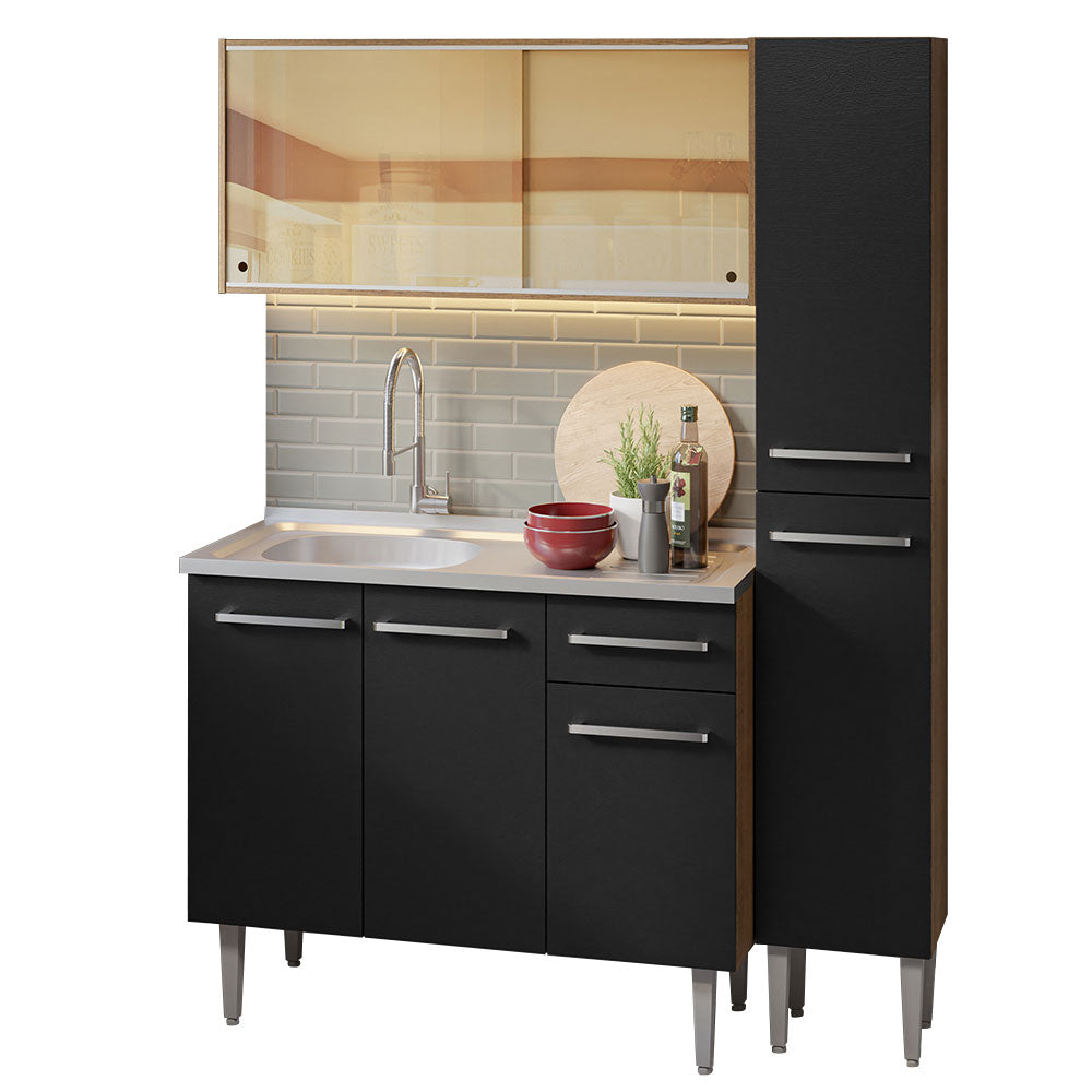 Combo completo de Cocina 137 cm con Bacha de acero, Marrón/Negro, Emilly 08