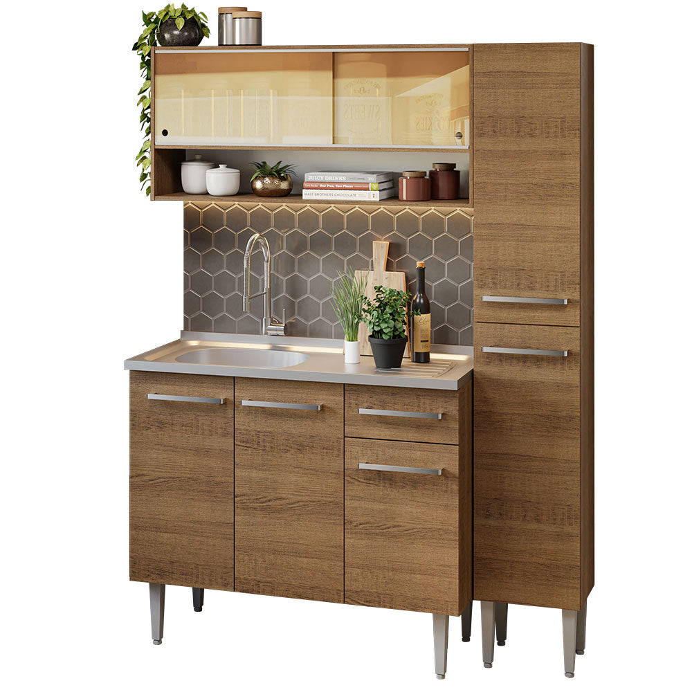 Combo de Cocina Compacta 137cm con Bacha de acero inoxidable Marrón Emilly Madesa 10