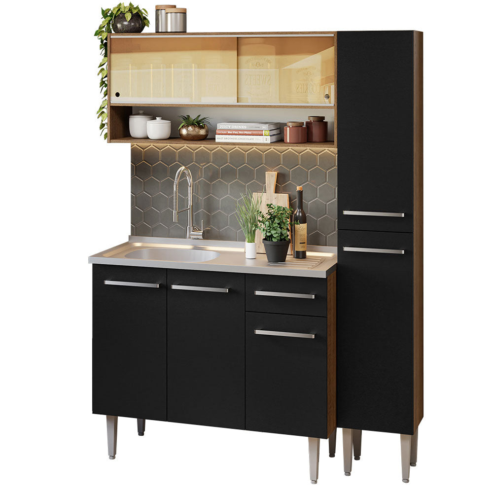 Combo completo de Cocina 137 cm con Bacha de acero, Marrón/Negro, Emilly 10