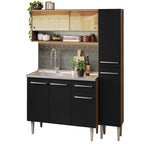 Cocina Compacta 137 cm 7 Puertas 1 Cajón con Bacha de Acero Inoxidable Marrón/Negro Emilly Madesa