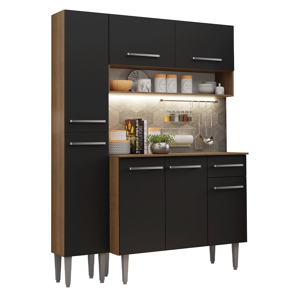 Cocina Compacta 137 cm 7 Puertas 1 Cajón Marrón/Negro Emilly Madesa