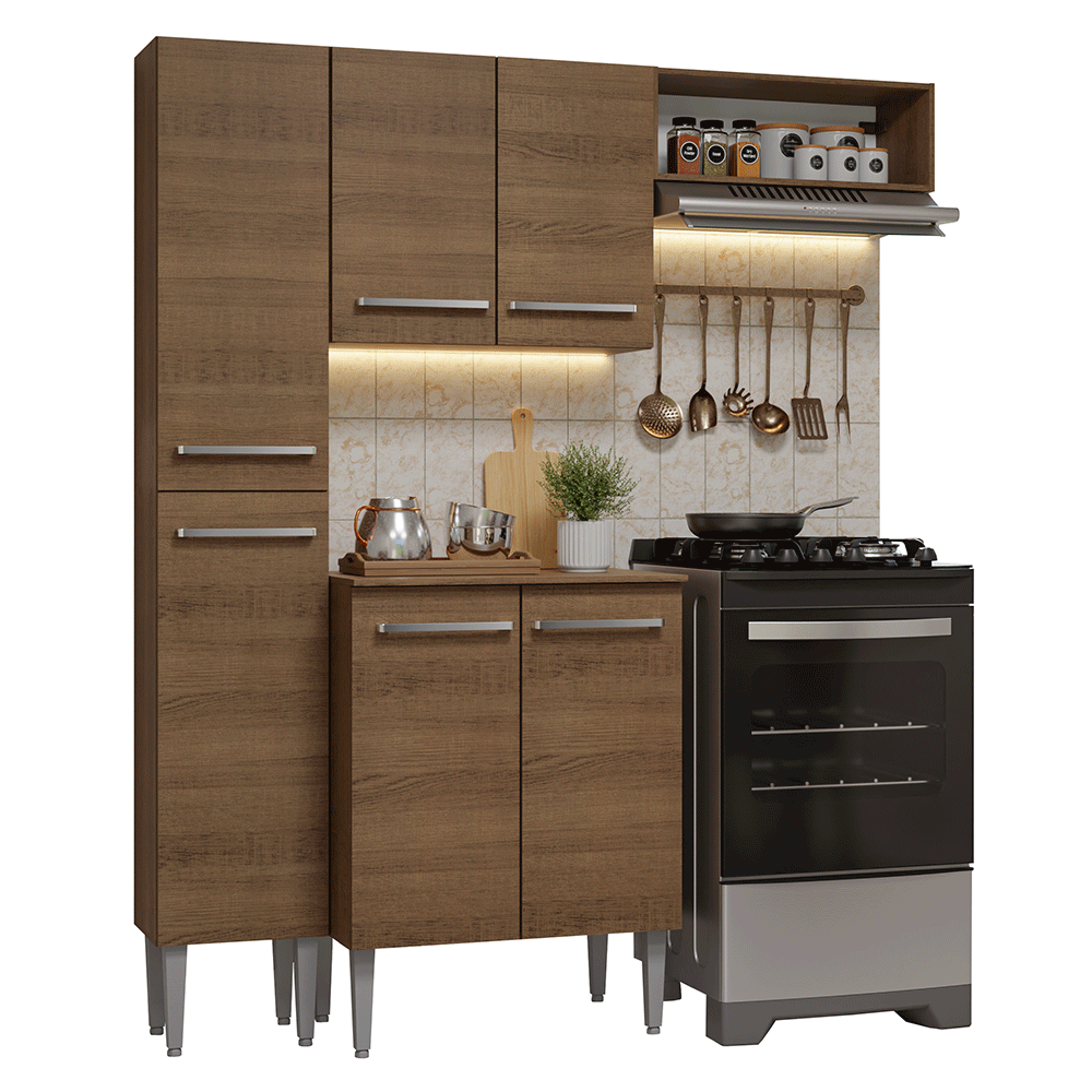 Cocina Compacta 156 cm 6 Puertas 1 Nicho Abierto Marrón Emilly Madesa