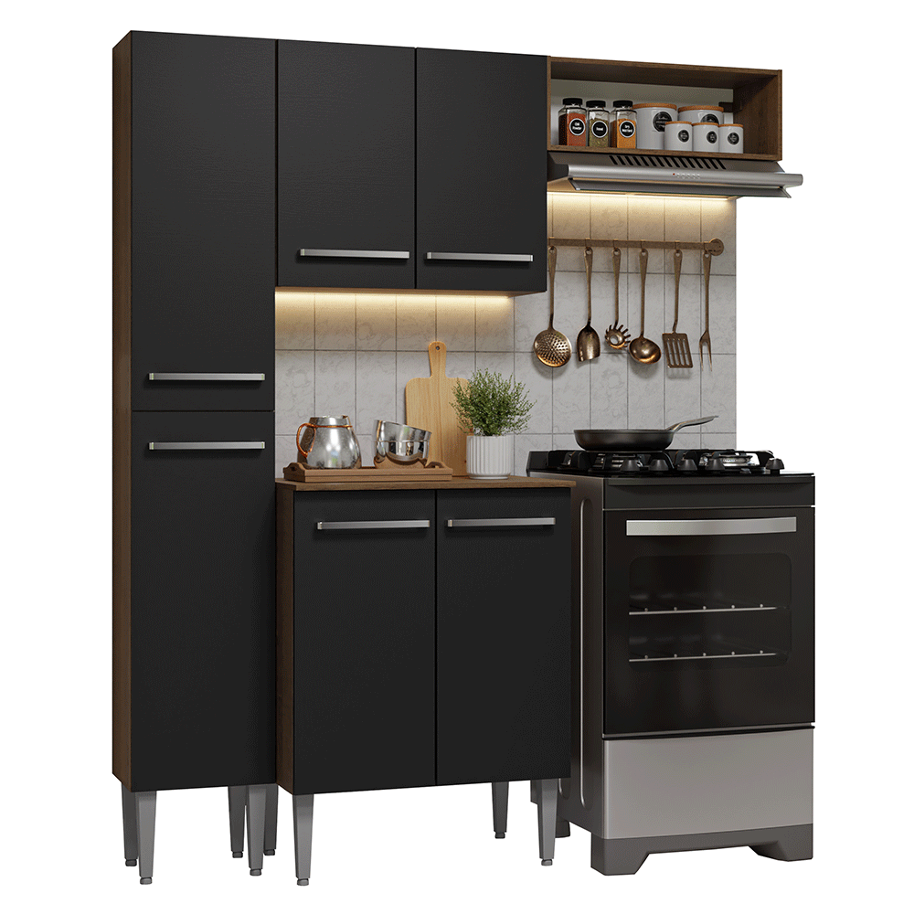 Cocina Compacta 156 cm 6 Puertas 1 Nicho Abierto Marrón/Negro Emilly Madesa