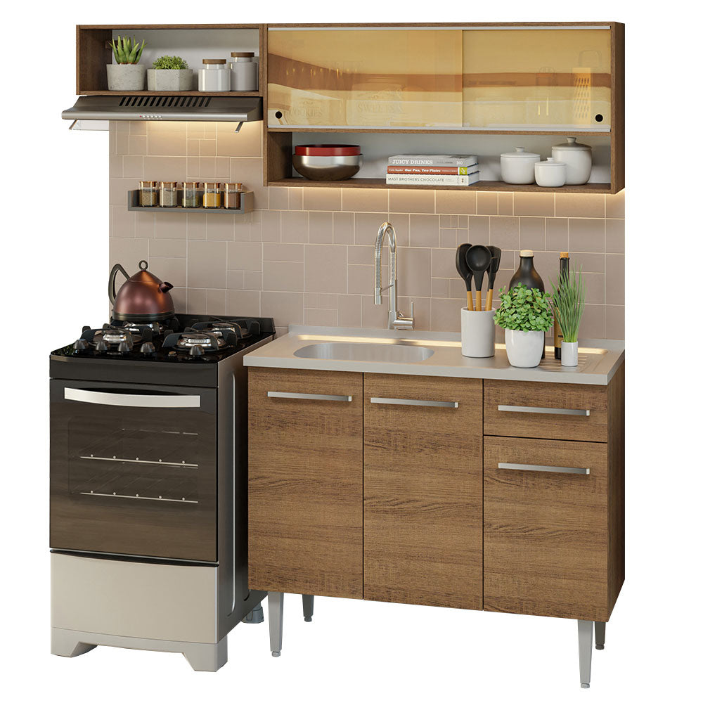 Combo de Cocina Compacta 165cm con Bacha de acero inoxidable Marrón Emilly Madesa 01