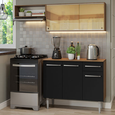 Cocina Compacta 165 cm 5 Puertas 1 Cajón Marrón/Negro Emilly Madesa