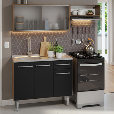 Cocina Compacta 165 cm 5 Puertas 1 Cajón con Bacha de Acero Inoxidable Marrón/Negro Emilly Madesa