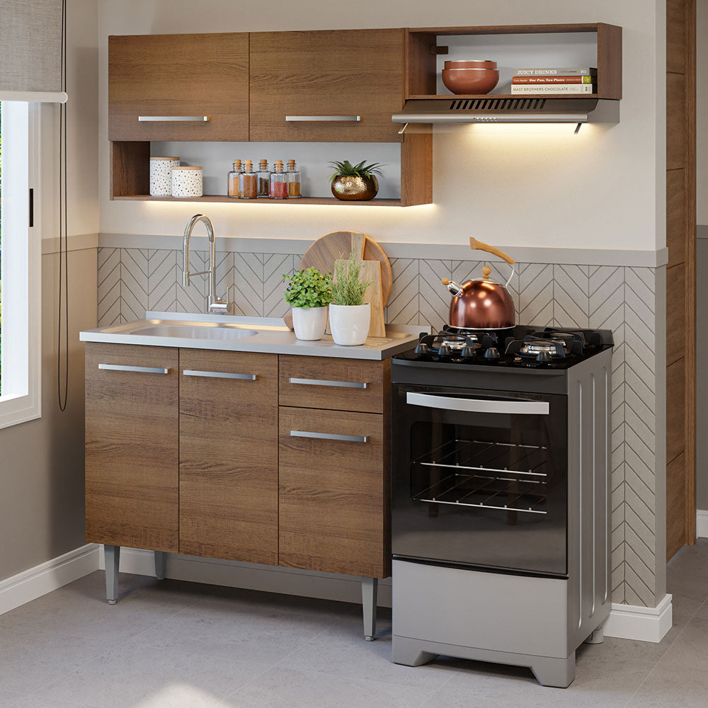Cocina Compacta 165 cm 5 Puertas 1 Cajón con Bacha de Acero Inoxidable Marrón Emilly Madesa