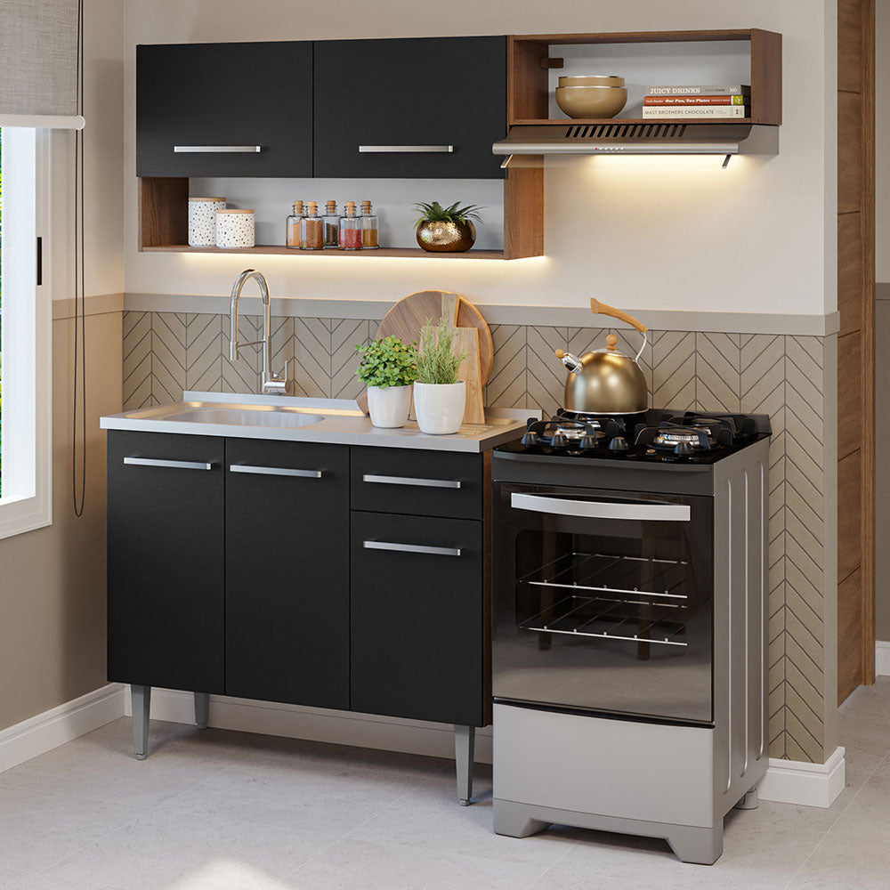Cocina Compacta 165 cm 5 Puertas 1 Cajón con Bacha de Acero Inoxidable Marrón/Negro Emilly Madesa