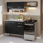 Cocina Compacta 165 cm 5 Puertas 1 Cajón con Bacha de Acero Inoxidable Marrón/Negro Emilly Madesa