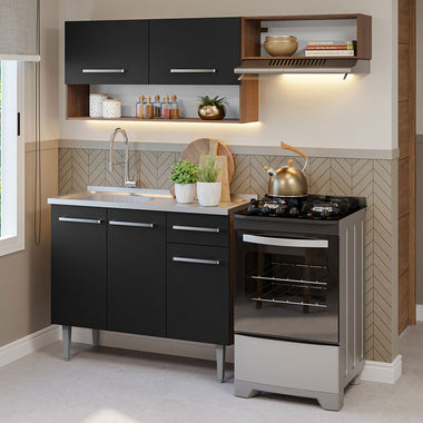 Cocina Compacta 165 cm 5 Puertas 1 Cajón con Bacha de Acero Inoxidable Marrón/Negro Emilly Madesa
