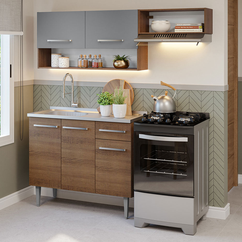 Cocina Compacta con Bacha 165 cm Emilly Marrón/Gris 09