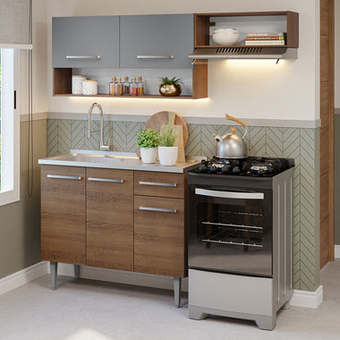 Cocina Compacta 165 cm 5 Puertas 1 Cajón con Bacha de Acero Inoxidable Marrón/Gris Emilly Madesa