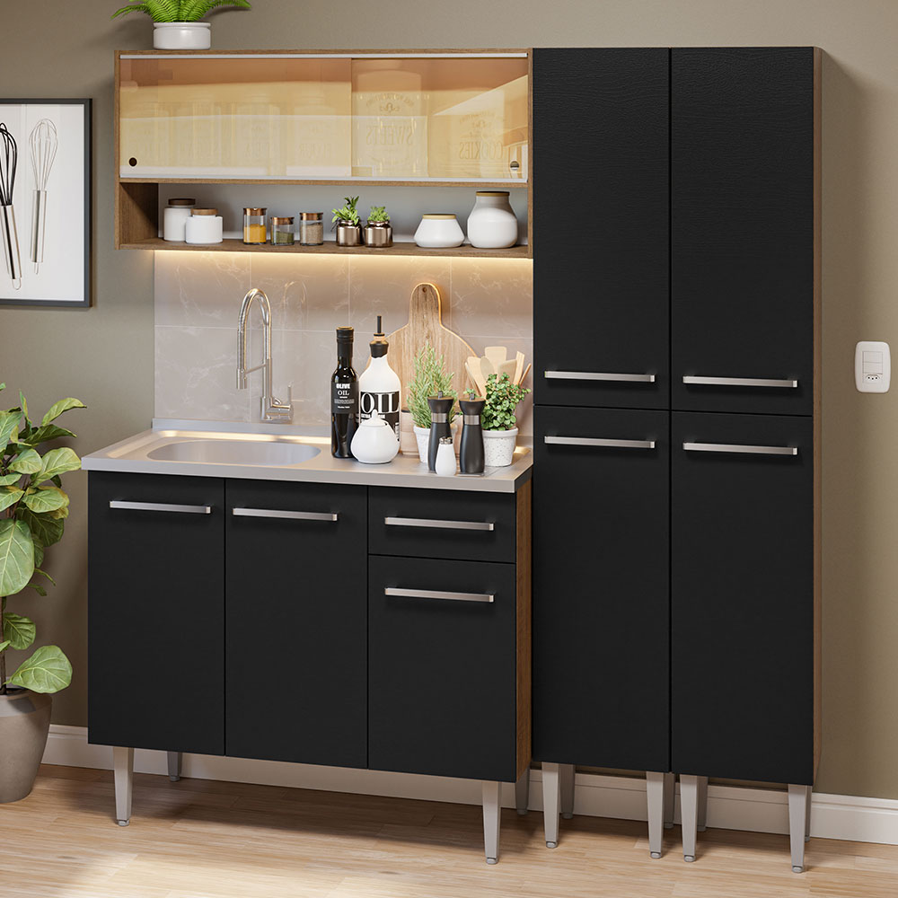 Cocina Compacta 169 cm 9 Puertas 1 Cajón con Bacha de Acero Inoxidable Marrón/Negro Emilly Madesa 14