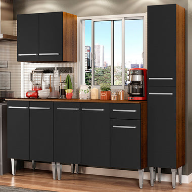 Combo completo de Cocina 201 cm 9 Puertas 1 Cajón Marrón/Negro Emilly Madesa