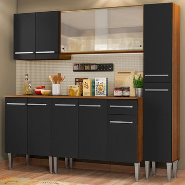 Combo completo de Cocina 201 cm 11 Puertas 1 Cajón Marrón/Negro Emilly Madesa