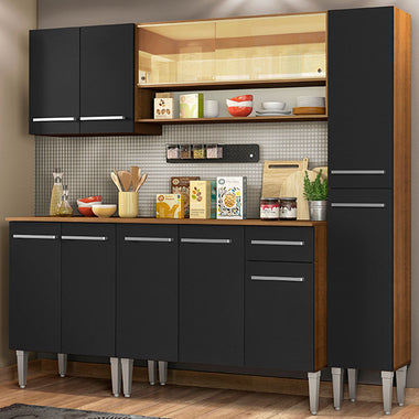 Combo completo de Cocina 201 cm 11 Puertas 1 Cajón Marrón/Negro Emilly Madesa