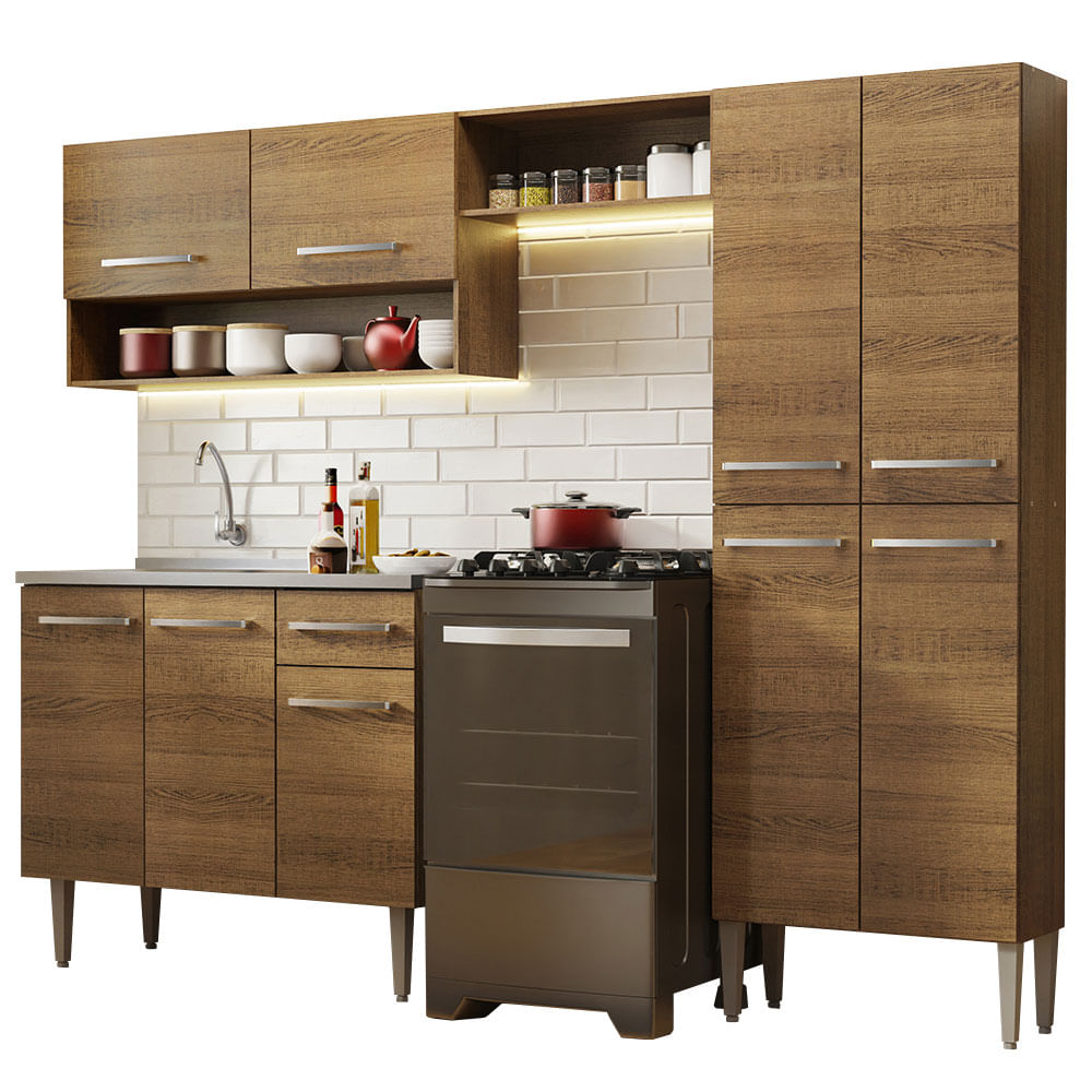 Combo completo de Cocina 229 cm 9 Puertas 1 Cajón con Bacha de Acero Inoxidable Marrón Emilly Madesa