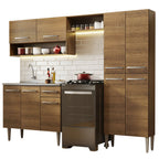 Combo completo de Cocina 229 cm 9 Puertas 1 Cajón con Bacha de Acero Inoxidable Marrón Emilly Madesa