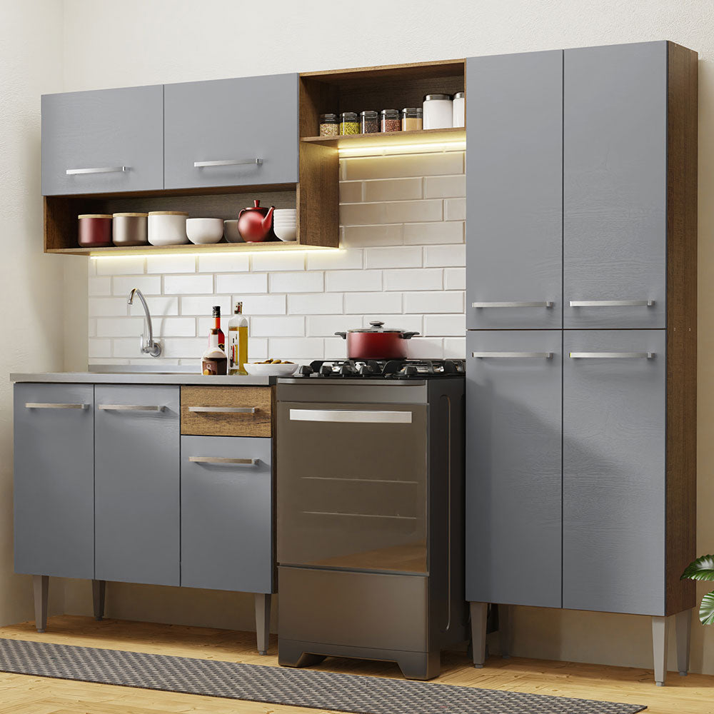 Combo completo de Cocina 229 cm 9 Puertas 1 Cajón con Bacha de Acero Inoxidable Marrón/Gris Emilly Madesa