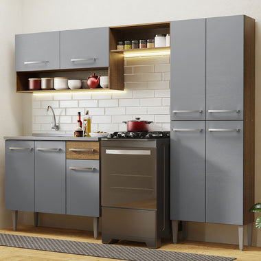 Combo completo de Cocina 229 cm 9 Puertas 1 Cajón con Bacha de Acero Inoxidable Marrón/Gris Emilly Madesa