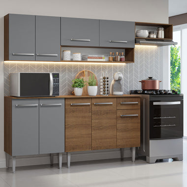 Combo completo de Cocina 229 cm 9 Puertas 1 Cajón Marrón/Gris Emilly Madesa