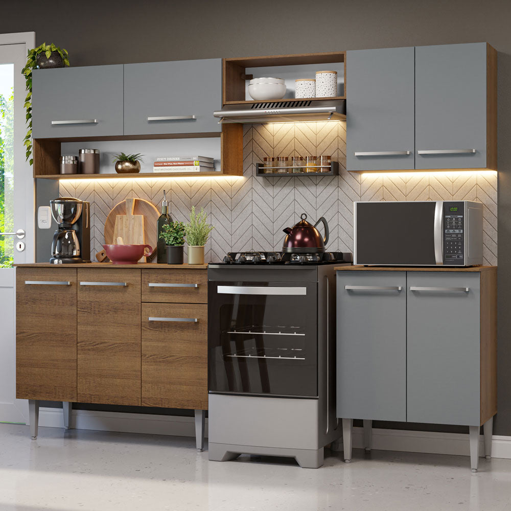 Combo completo de Cocina 229 cm 9 Puertas 1 Cajón Marrón/Gris Emilly Madesa