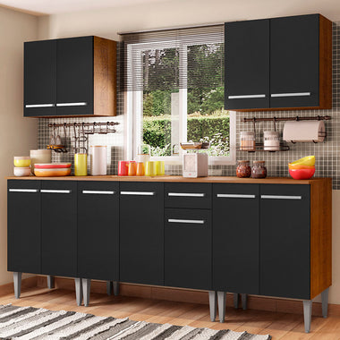 Combo completo de Cocina 233 cm 11 Puertas 1 Cajón Marrón/Negro Emilly Madesa