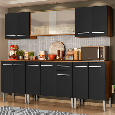 Combo completo de Cocina 233 cm 13 Puertas 1 Cajón Marrón/Negro Emilly Madesa
