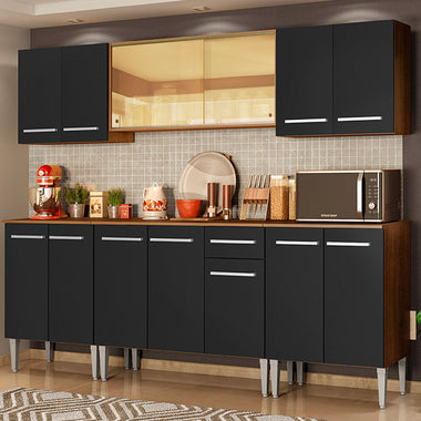 Combo completo de Cocina 233 cm 13 Puertas 1 Cajón Marrón/Negro Emilly Madesa