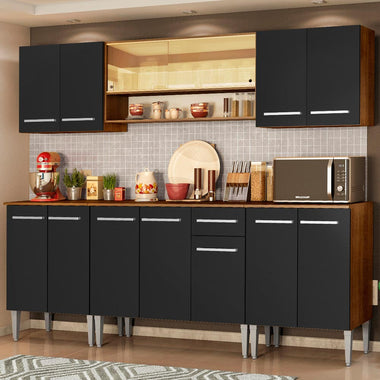 Combo completo de Cocina 233 cm 13 Puertas 1 Cajón Marrón/Negro Emilly Madesa