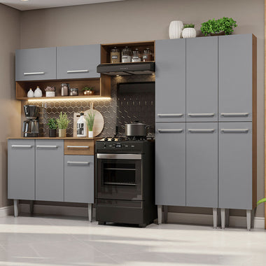 Combo completo de Cocina 261 cm 11 Puertas 1 Cajón Marrón/Gris Emilly Madesa
