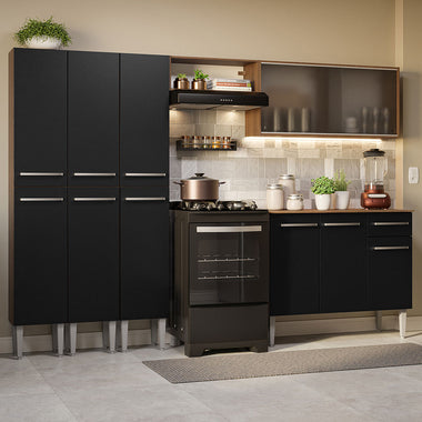 Combo completo de Cocina 261 cm 11 Puertas 1 Cajón Marrón/Negro Emilly Madesa
