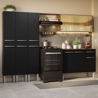 Combo completo de Cocina 261 cm 11 Puertas 1 Cajón Marrón/Negro Emilly Madesa