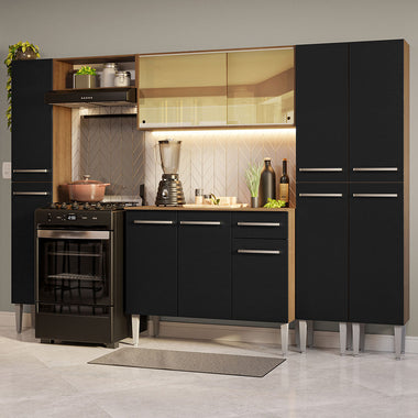 Combo completo de Cocina 261 cm 11 Puertas 1 Cajón Marrón/Negro Emilly Madesa
