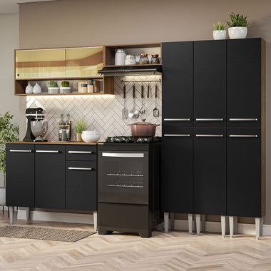 Combo completo de Cocina 261 cm 11 Puertas 1 Cajón Marrón/Negro Emilly Madesa