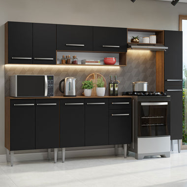 Combo completo de Cocina 261 cm 11 Puertas 1 Cajón Marrón/Negro Emilly Madesa