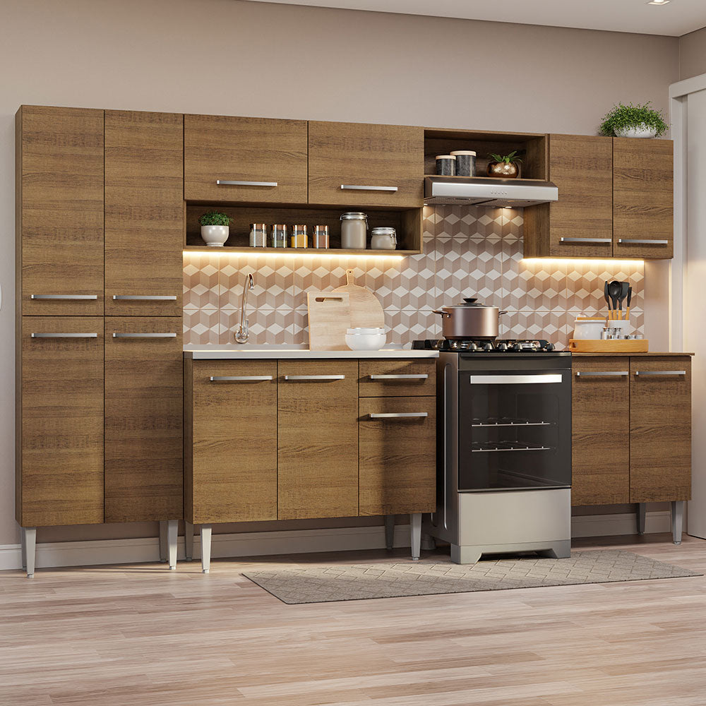 Combo completo de Cocina 293cm, con Bacha de acero, Marrón Emilly 08
