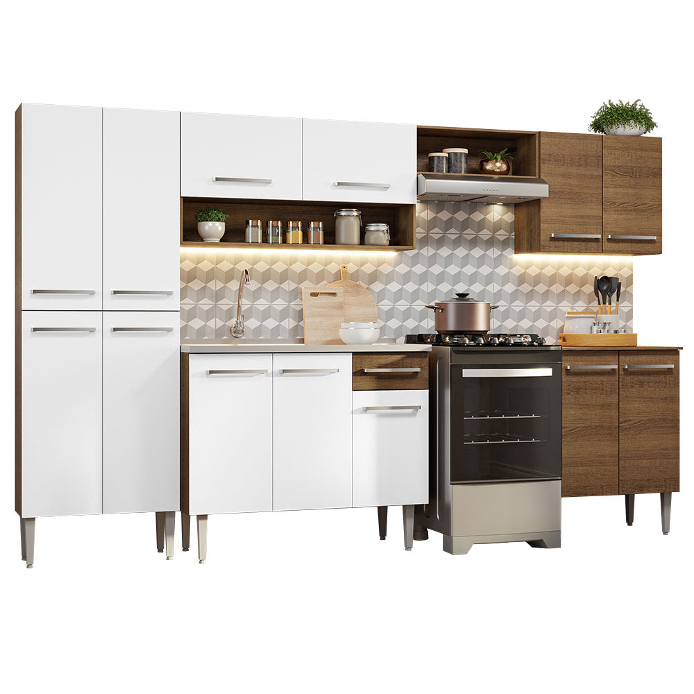 Combo completo de Cocina 293 cm con Bacha de acero, Marrón/Blanco, Emilly 08