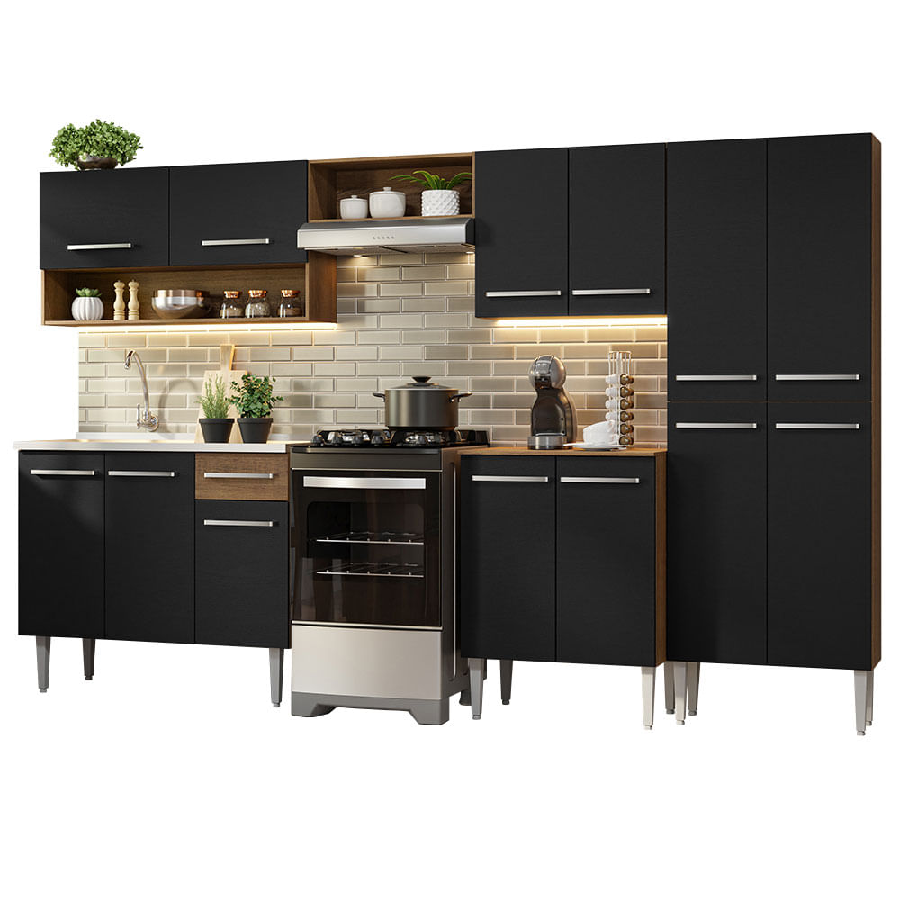 Combo completo de Cocina 293 cm 13 Puertas 1 Cajón con Bacha de Acero Inoxidable Marrón/Negro Emilly Madesa 09