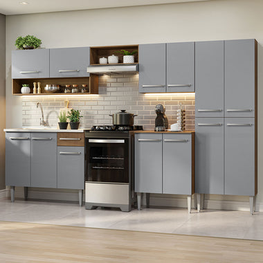 Combo completo de Cocina 293 cm 13 Puertas 1 Cajón con Bacha de Acero Inoxidable Marrón/Gris Emilly Madesa