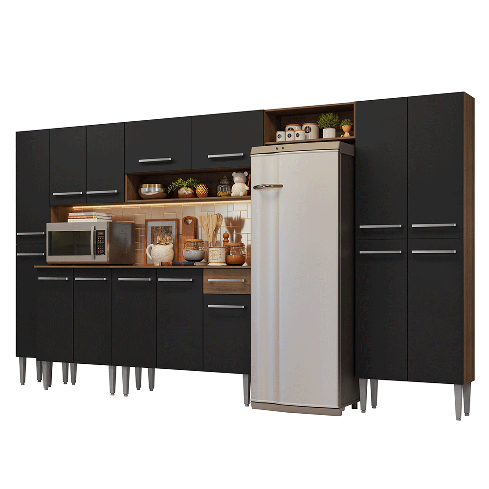 Combo completo de Cocina 325 cm 15 Puertas 1 Cajón Marrón/Negro Emilly Madesa