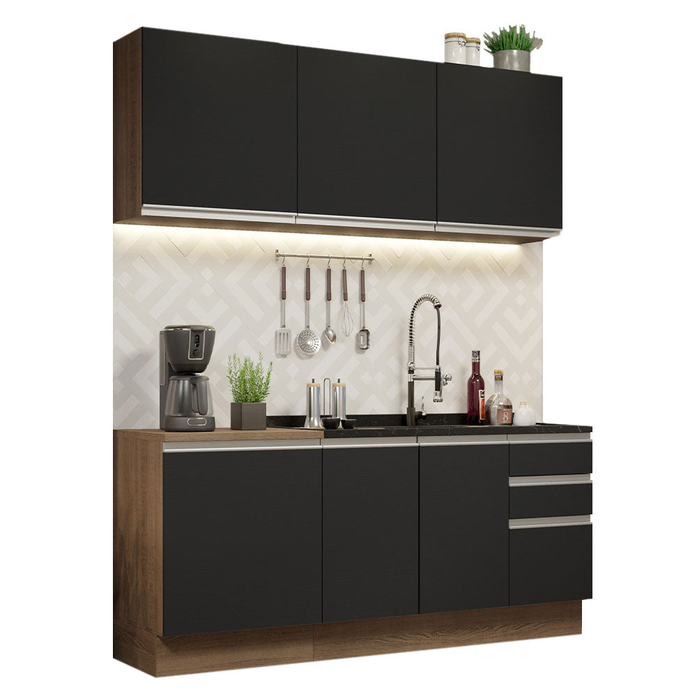 Cocina Compacta 180 cm 6 Puertas 3 Cajones Sin Mesada Marrón/Negro Glamy Madesa 05