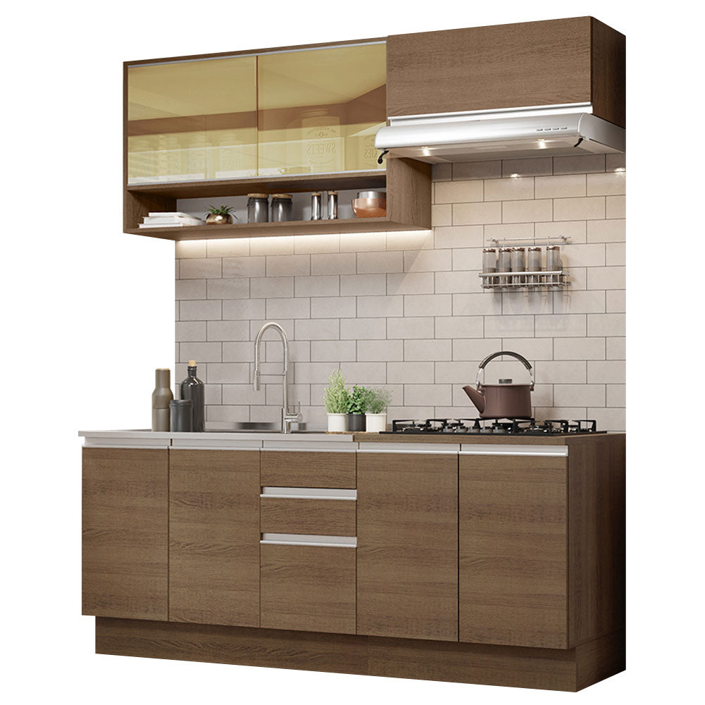 Cocina Compacta 200 cm 7 Puertas 3 Cajones Sin Mesada Marrón Glamy Madesa